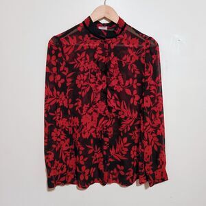 Chicos Blooms Ruffle Front Button Front Blouse-Size 1/US 8-Floral-Sheer-Chic